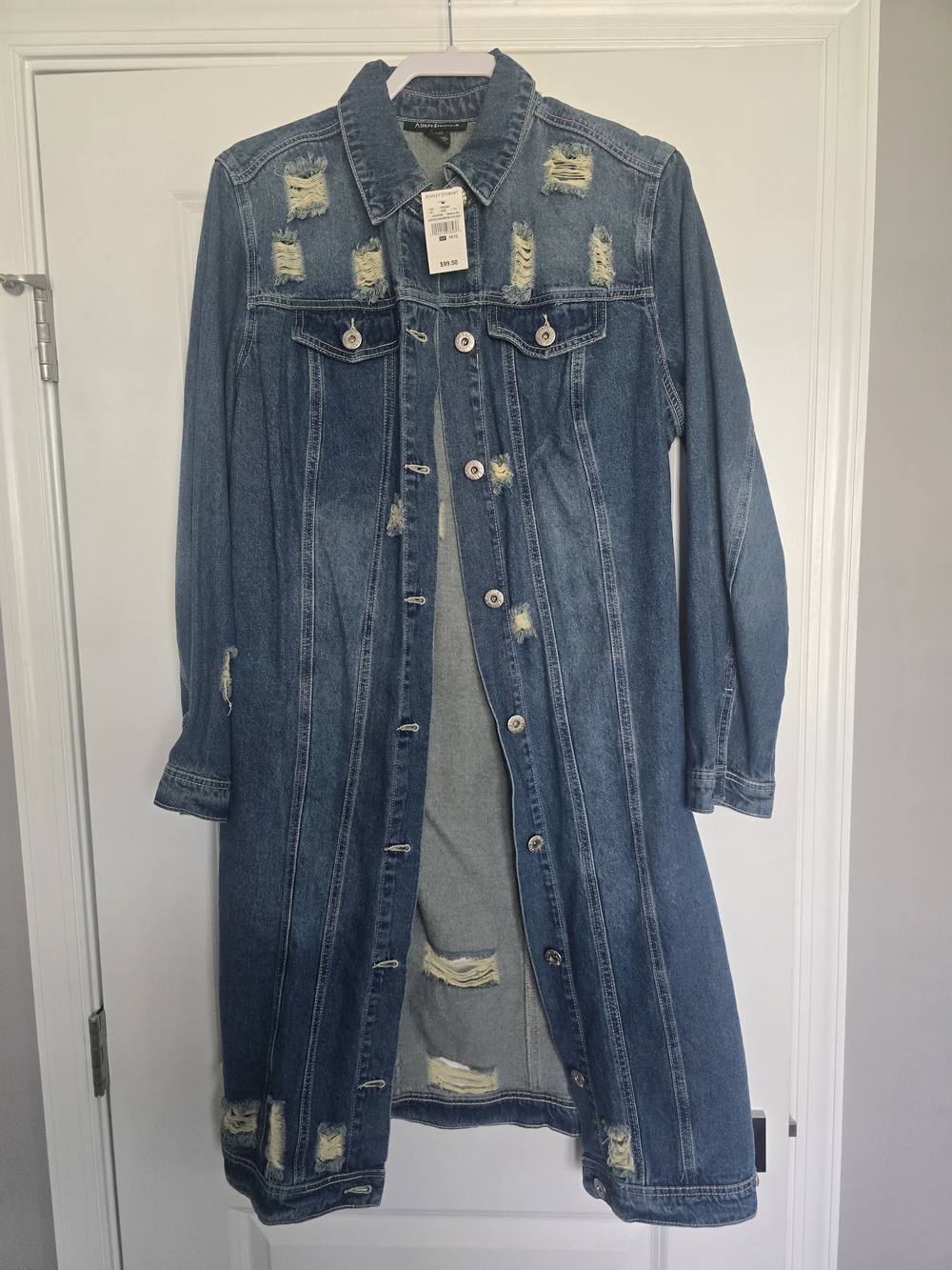 Ashley Stewart Distressed Long Denim Coat in Blue